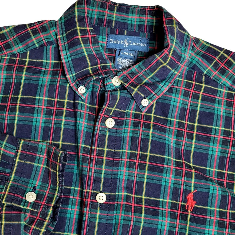 Ralph‎ Lauren Large 14-16 Plaid Button Down Long Sleeve Red Green Yellow Navy
